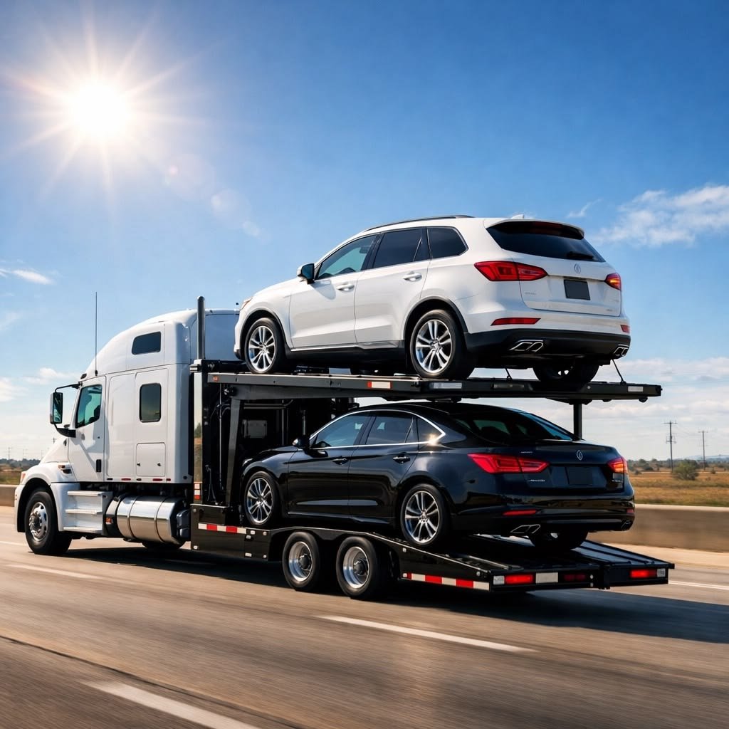 Trailer truck carrying cargo on an open highway